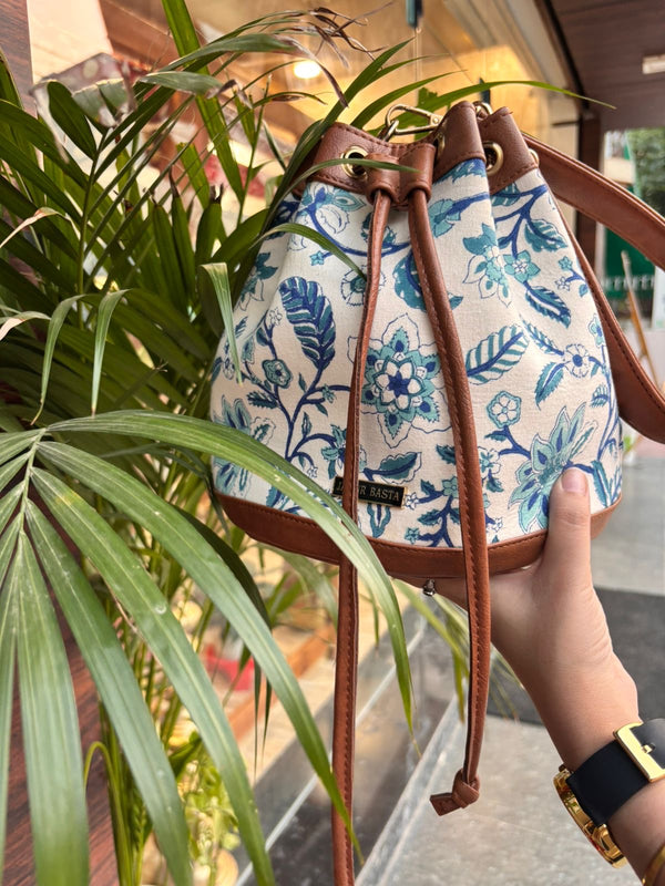 Blue Bloom Bucket Bag 🌿 | Elegant Floral Drawstring Handbag with Leather Details